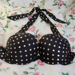 Victoria's Secret Black and Gold Polka Dot Bombshell Halter Bikini Top